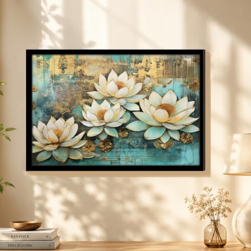 Image of PAINTINGMANTRA White Lotus Flower Framed Wall Art Painting for wall decoration, Lotus floral Poster with frame for living room, bedroom, Home and Office, 10x13 Inch