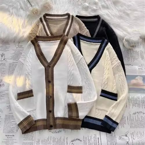 Men Color Contrast Knit Cardigan Loose Fit Preppy Style Japanese Casual Sweater Outerwear2
