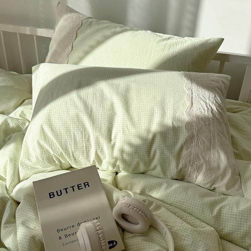 Image of MKXI Mint Green Gingham Duvet Cover Set King - 3-Piece Vintage Floral Bedding with White Lace Trim, Soft Washed Microfiber Princess Comforter Cover & Pillowcases for Girls, Sweet Cottagecore Style