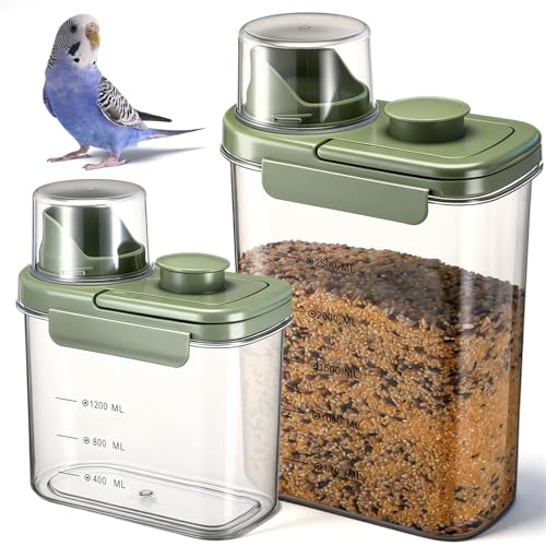 Maxdot 2 Pcs Bird Food Storage Container, Bird Seed Container with Lids Airtight Cup Pet Parrot Food Storage 1.7 Qt & 3 Qt Measuring Containers Easy Pour Spouts for Macaws African Cockatoos(Green)