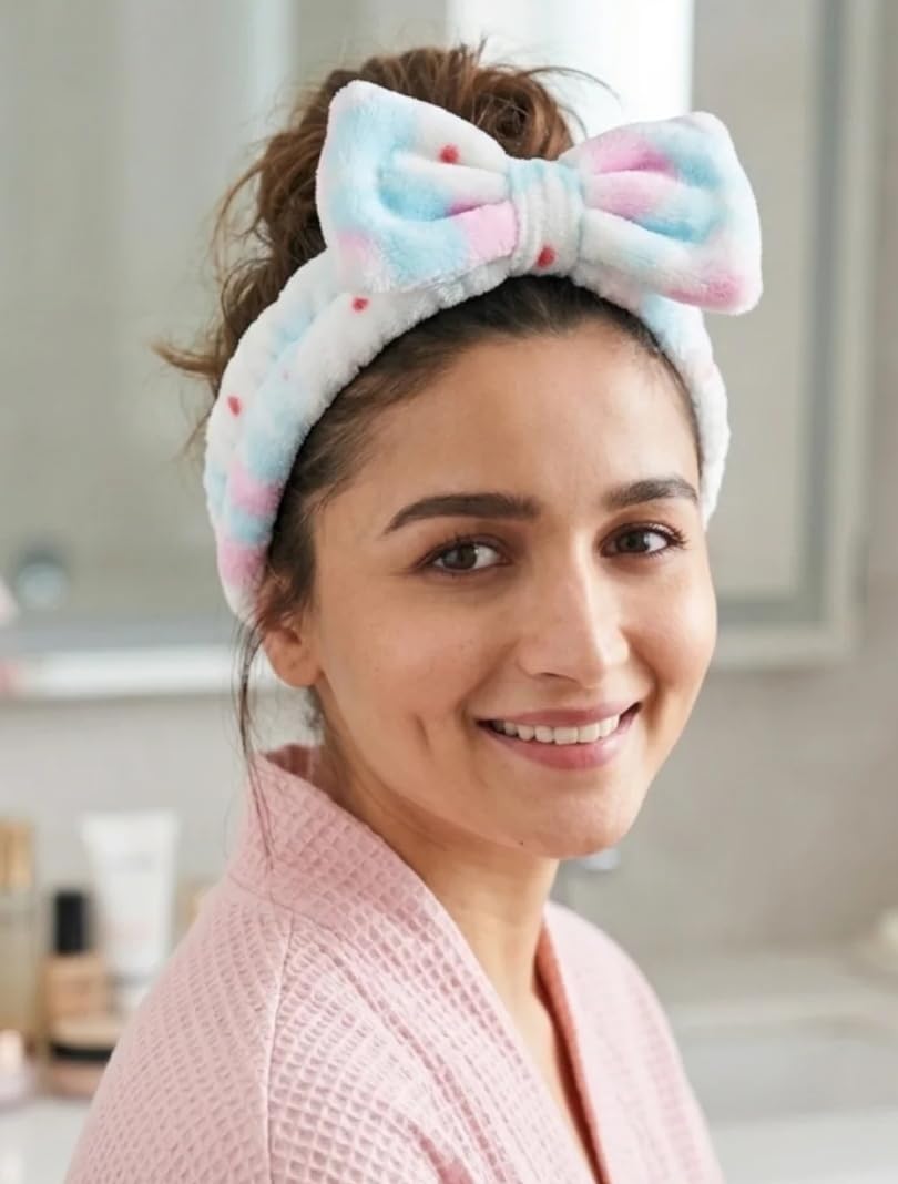 Professional Soft Plush Bow Spa Headband Makeup Hair Band for Facial Skincare Face Washing Makeup Cleansing Cute Bow Velvet Elastic Head band for Girls women Multicoloured (PACK OF 2) Random-image-37