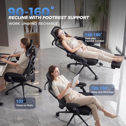 CYKOV Ergonomic Office Chair with Footrest - Adjustable Lumbar Support & Headrest, 90-160° Reclining Mesh Back Computer Chair - Home Office/Gaming, 330lbs Capacity image 6