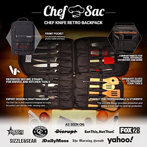 Chef Knife Bag Retro Backpack | 20+ Slots For Knives And Chef Tools | Knife Carrying Case With Hidden Back Pocket For Tablet | Sturdy Knife Bags For Chefs & Culinary Work | Premium Canvas (Black) #TOP1