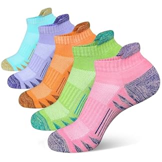 A vibrant set of five pairs of Heyoboy women's athletic ankle socks in assorted colors, including teal, purple, orange, green, and pink. Each sock features cushioned soles, moisture-wicking fabric, and a snug, anti-blister design, perfect for running and other activities. The socks have contrasting heel and toe accents, adding a stylish touch to their functional design.