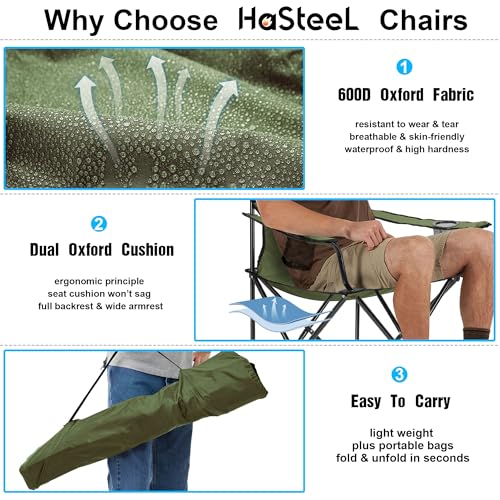 Image of HaSteeL Camping Chair for Adults, Folding Beach Chair Set of 2, Large Foldable Portable Chair for Outdoors Fishing, Hiking, Sporting, Travel, Picnic, Lawn, Hold 275lbs & A Storage Bags (Green)