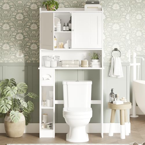 Over The Toilet Storage Cabinet with Toilet Paper Holder Double Door Bathroom Organizer with Adjustable Shelves Freestanding Bathroom Shelf Toilet Storage Cabinet Space-Saving Toilet Rack, White