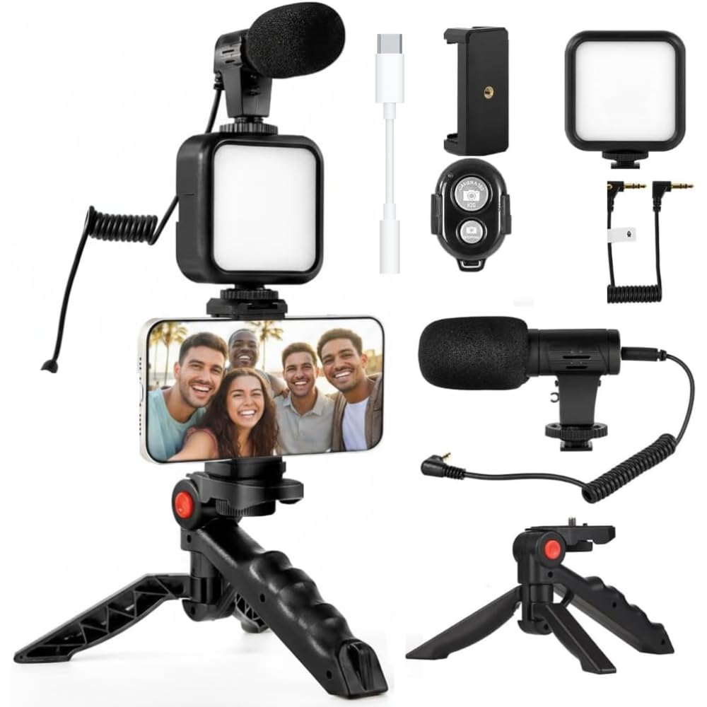 Acuvar 6-Piece Phone Vlogging Kit - Smartphone Video Kit with Microphone, LED Light & Mini Tripod for YouTube & TikTok Creators