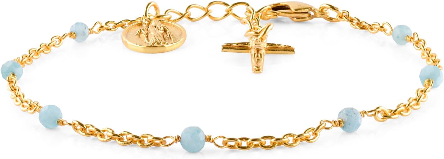 InfinityGemsArt Gemstone Bracelets For Women Birthstone Jewelry Micro Beads Crystals and Healing Stones, Virgin Mary Jesus Christ Cross Charm Bracelet, 18K Gold Plated Chain 8 inch