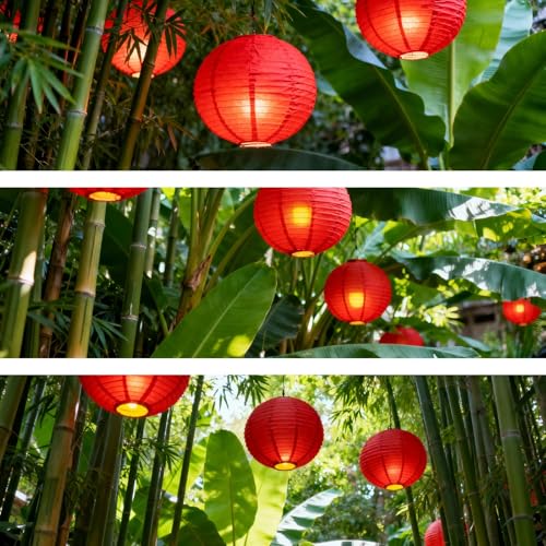 Image of Red Chinese Paper Lanterns with LED Lights, 10-Pack 10inch | Hanging Lights for Chinese New Year, Anniversary, Birthday Decorations, Ceiling Decor & Home Party