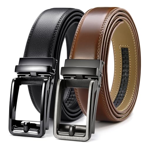 Image of CHAOREN Click Belts for Men 2 Pack - 1 3 /8 inch Leather Ratchet Belt | Trim to Fit, Gift Box, Micro-adjustable, Scratch Resistant Buckle, Formal Suits, Dress Pants, Casual Jeans, Golf