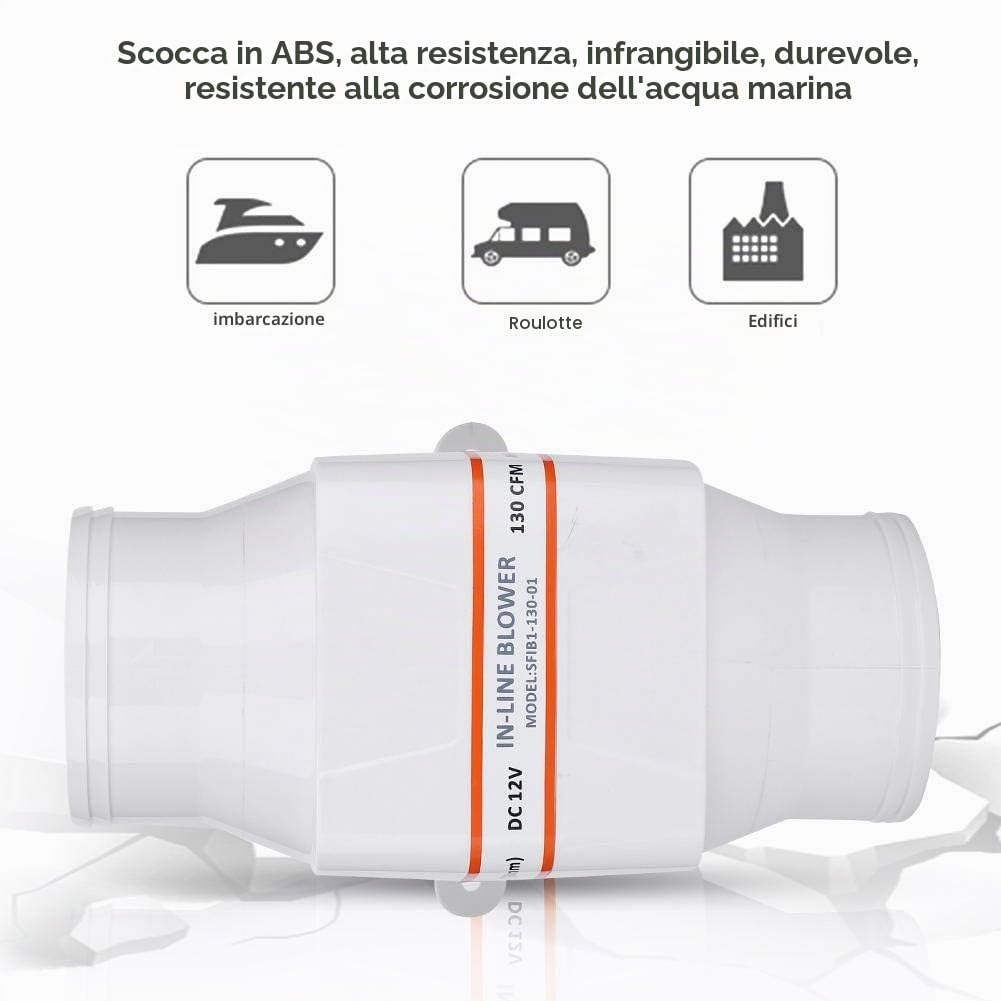 Dioche Ventilatore di Sentina Marina in Linea 3", Ventilatore di Aria Marina, 75mm, 12 V, 130 CFM Silenzioso, Soffiatore di Sentina per Yacht Caravan