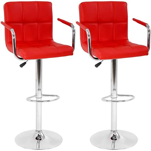 BestOffice Modern Bar Stool Set of 2 Barstools Armrest Height Adjustable Counter Stools Bar Chairs Swivel Bar Stool PU Leather Hydraulic Dining Room Chairs Home Kitchen Stools (Red)