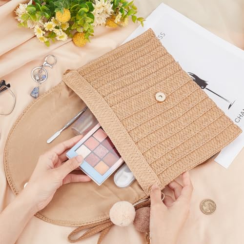 Image of GORGECFAFT Bride Straw Shoulder Bag Woven Clutch Bag Summer Beach Crossbody Handbags with Two Balls Woven Rhinestone Wedding Vacation Purse Honeymoon Bridal Shower Gift for Bride Party Honeymoon
