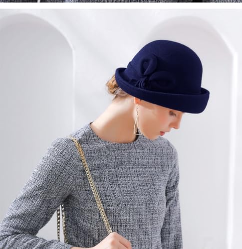 ORIDOOR Women Vintage Wool Felt Flowers Bucket Cloche Bowler Hat Church Wedding Dress Fascinator Hat Winter Felt Fedoras (012 Royal Blue) …