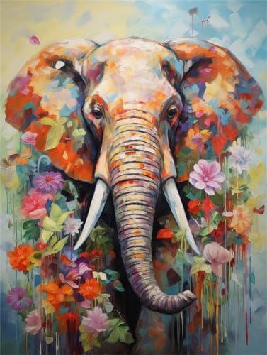Kit point de croix animal estampé éléphant et fleurs broderie perles toile 40x50
