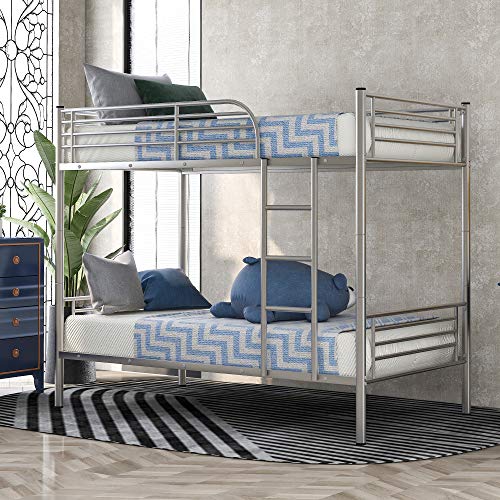Steel Bunk Bed Twin Over Twin,JULYFOX Modern Metal Steel Bed Frame 550 lb Heavy Duty W/ Stairs Side Guard Rails 10.8 inch Storage No Box Spring Needed 2 Twin Bed Platform for Kids Teens Adults Silver