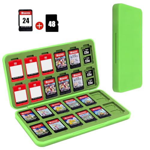 Image of FYY Nintendo Switch Game Case Holder for Switch 2 Cartridge Case with 24 Game Card Slots & 48 Micro SD Card Slots, Hard Shell, Silicone Lining Green