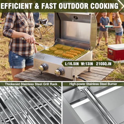 Image of Bestfire Tabletop 2-Burner Gas Grill, 20,000 BTU Stainless Steel Portable Propane Grill, Removable Legs, Push-Button Ignition, Thermometer, for Outdoor Patio, Camping, Tailgating & RV