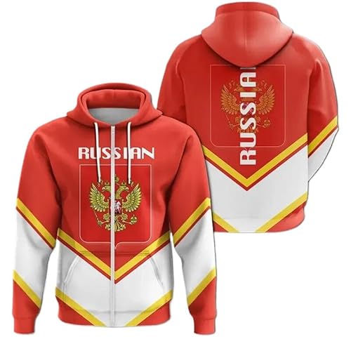 KETAFOUND Kapuzenpullover Für Herren, Sweatshirts Mit Reißverschluss Und Langen Ärmeln, Jacke, Mantel, Russland-Flagge, Karte, 3D-Grafik, Adler-Aufdruck, Kapuzenoberteil, Übergröße,