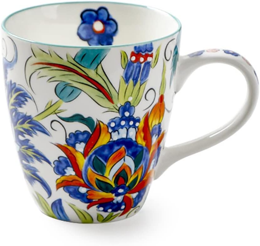 Hand-painted Ceramic Breakfast Cups 550ml Large Capacity Flower Pattern Milk Oatmeal Coffee Cup White Porcelain Mug(D)