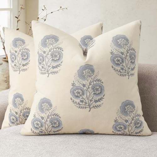 Image of YCOLL Vintage Floral Print Pillow Covers 18x18 Set of 2 Patterned Accent Decorative Cushion Covers Modern Farmhouse Throw Pillow Covers for Sofa Couch Chair Bed Living Room Home Decor, Dusty Blue