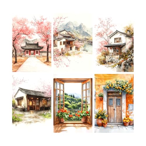 Image of SiddArtify Watercolor Asian Wall Art Prints Set - Traditional Building Poster Decor for Living Room Bedroom Office - 12x18 inch Board Pack of 6