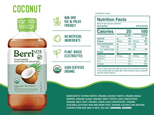 Berri Lyte Plant Based Organic Electrolyte Solution – Pediatric Rehydration Drink – Low Sugar Coconut Flavor, 1 L, 6 Ct #TOP2