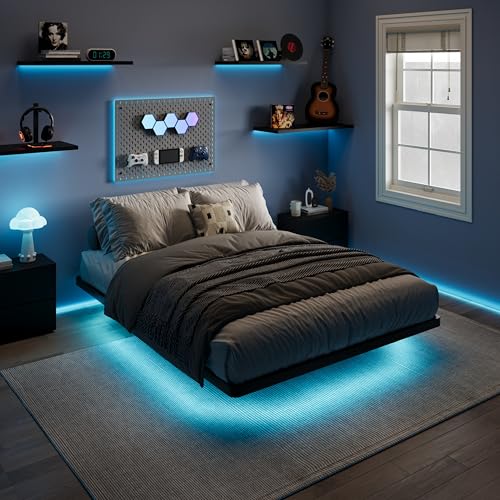 SHA CERLIN Floating Bed Frame Full Size with Smart LED Lights and Charging Station, Heavy Duty Metal Platform Bed with Modern Design,No Box Spring Needed, Easy Assembly, Matte Black