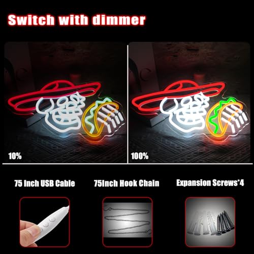 Image of Tacos Skull Neon Sign for Man Room Decor Funny Mexican Tacos Led Light Up Sign for Wall Decor Corn Skeleton Neon Signs for Boys led sign for Party Bar Club Restaurant Man Cave Wall Art Birthday Gift
