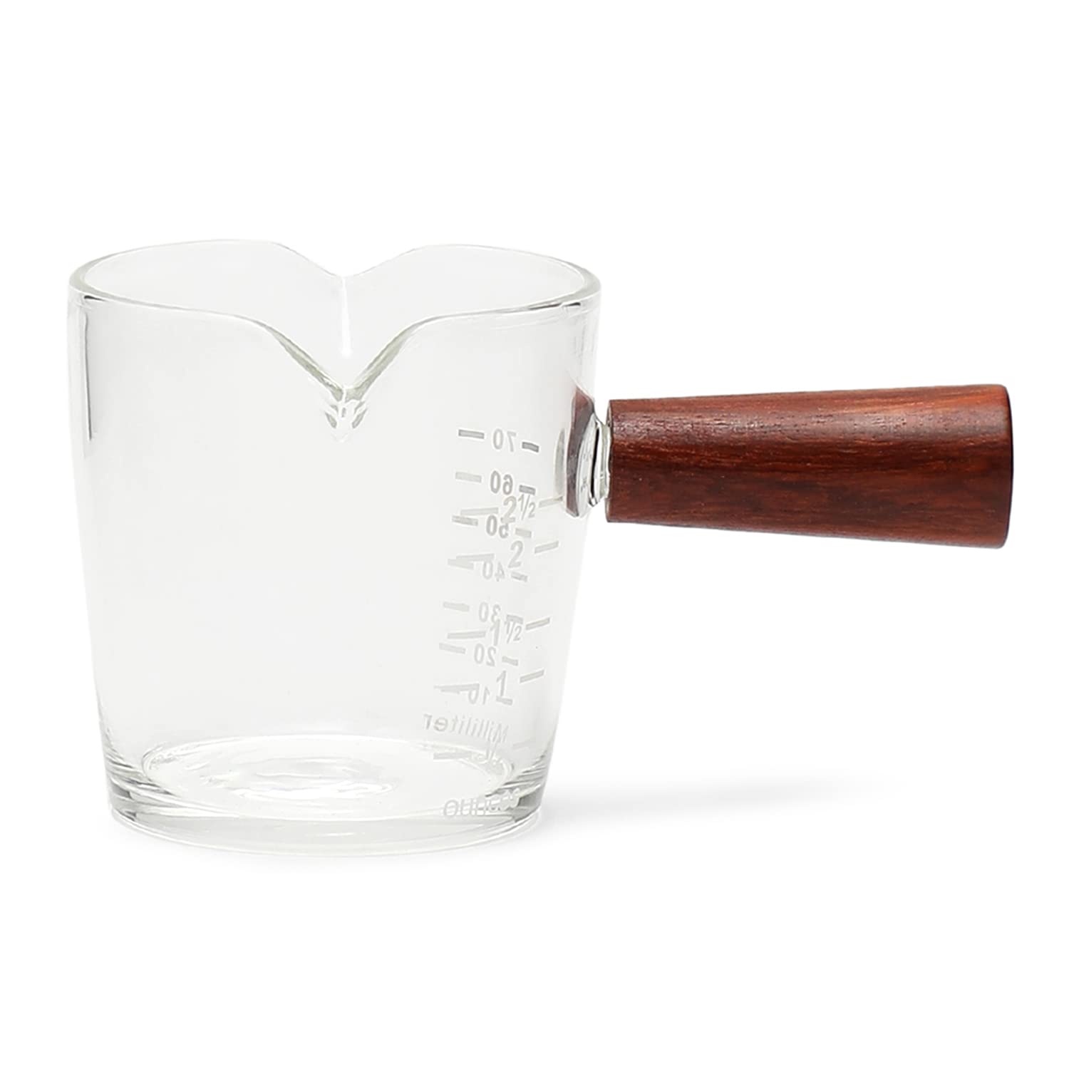 Pour Demitasse Espresso Express Milk/Espresso Extraction Measuring Cup/Pourer with Wooden Handle 100 ML | Japanese Design | Borosilicate Glass | Measurement Markings | Double Spout