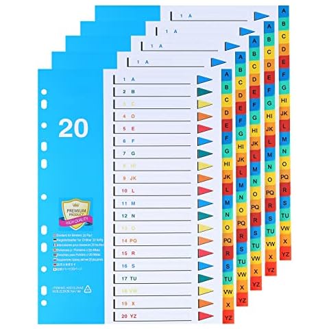 DONGLI A4 File Dividers 20 Part Index A-Z Tabs(5 Pack)20 Part A4 Subject Dividers Index Dividers with 11-Holes Multi-Colour Tabs for Home Office School Cover