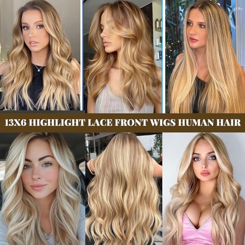 Image of 4T12P613 Highlights Lace Front Wigs Human Hair Ombre 13x6 HD Straight Golden Brown Mixed Blonde Balayage Lace Frontal Wigs for White Women 180% Density Glueless Pre Plucked with Baby Hair 16 Inch