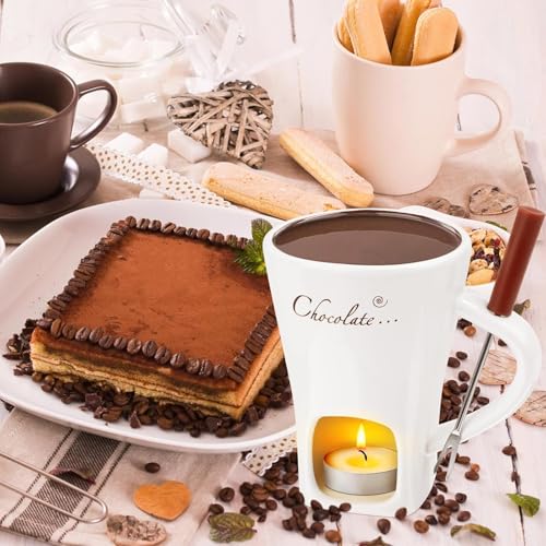 Byffoer 200ml Keramik Schokoladenfondue Set,Schokofondue Tasse,Becher zum Schmelzen von Schokolade,Fondue Set Mit Gabel Und Teelicht für Käse Schokolade Butter Karamell(Weiß)