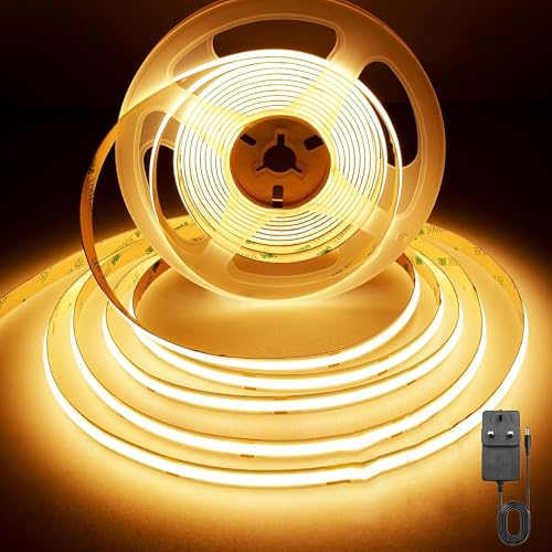 rynli 1M COB LED Strip Light Cool White 3000K with 12V 90 LEDs KIT, Tape Light with UKCA Power Supply, Home Decoration, Kitchen and Under Cabinet [Energy Class A]