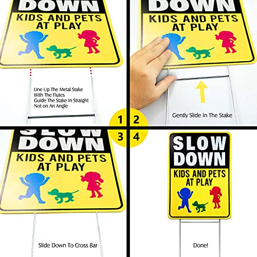 Larreede Slow Down Signs 2 Pack 17.8"X12" Slow Down Kids At Play Sign, Double Sided Slow Down Kids And Pets At Play Yard Signs With Metal Stakes, Weatherproof, 900G/M² Superhard Corrugated Plastic #TOP4