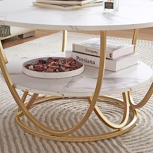 Image of Shoppee Coffee Table - Modern 2-Tier with Faux Marble Top and Gold Metal Frame - Stylish Center Table for Living Room, Sofa Table, Elegant Cocktail Table for Home, Office, White & White