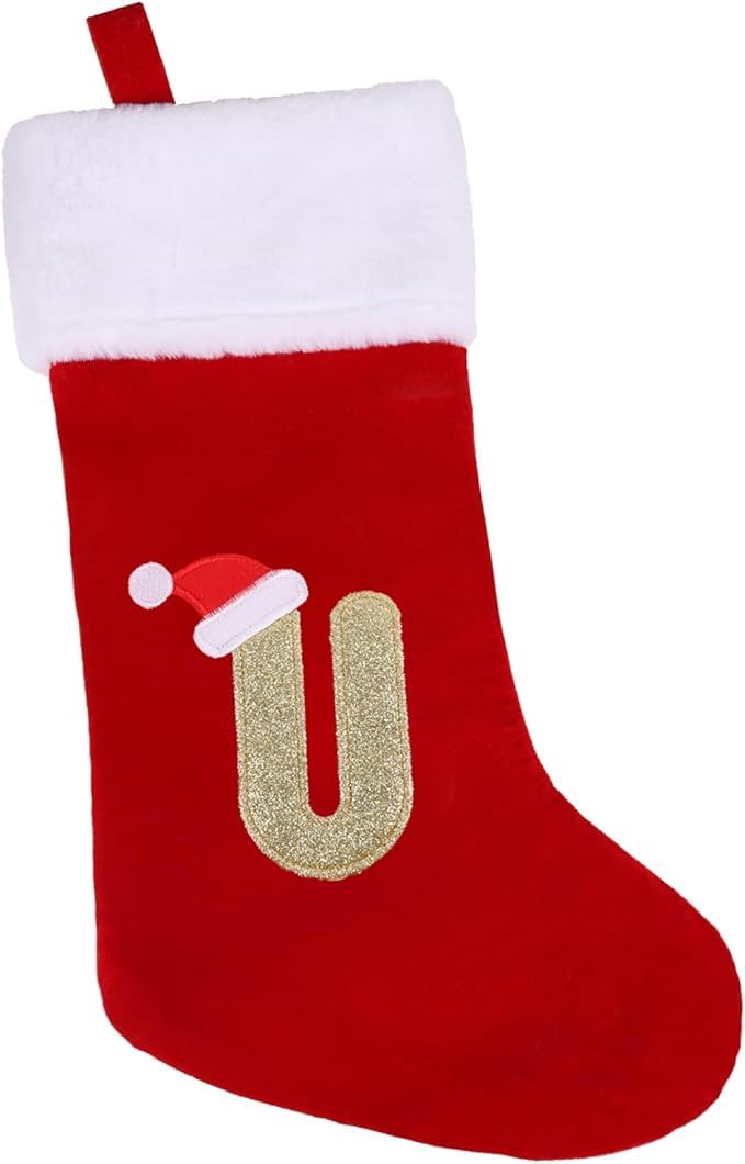 Veylin U Embroidered Plush Christmas Stockings With Letters, 20 Inch Red Letter(U) For Kids/Adult