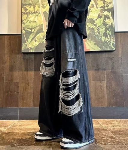 chouyatou Men's Y2k Ripped Wide Leg Jeans High Waist Baggy Street Denim Pants with Pockets4