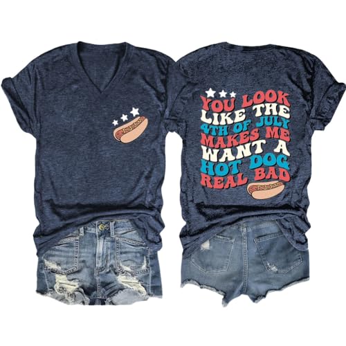 FORHVIPS Independence Day Shirts Women's You Look Like The 4th of July Letter Graphic Tees Short Sleeve V-Neck T Shirt Navy Blue