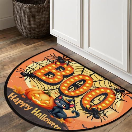 Image of cfpolar Half Round Door Mat Halloween Cat Spider Pumpkin Non-Slip Semi Circle Area Rug Washable Half Moon Hearth Rugs for Indoor Outdoor Bathroom Kitchen Patio Runner Mat Laundry Room Home Decoration