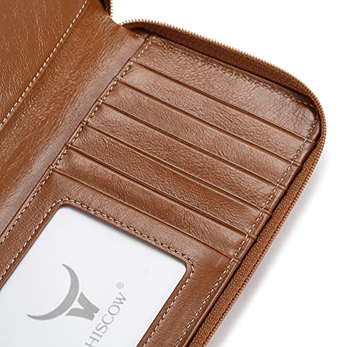 Image of HISCOW Leather Checkbook Cover, Zippered Wallet, Antiqued Brown | Full grain cowhide, 5cc & ID window, personal check book & register pockets, removable duplicate divider, women secure zipper