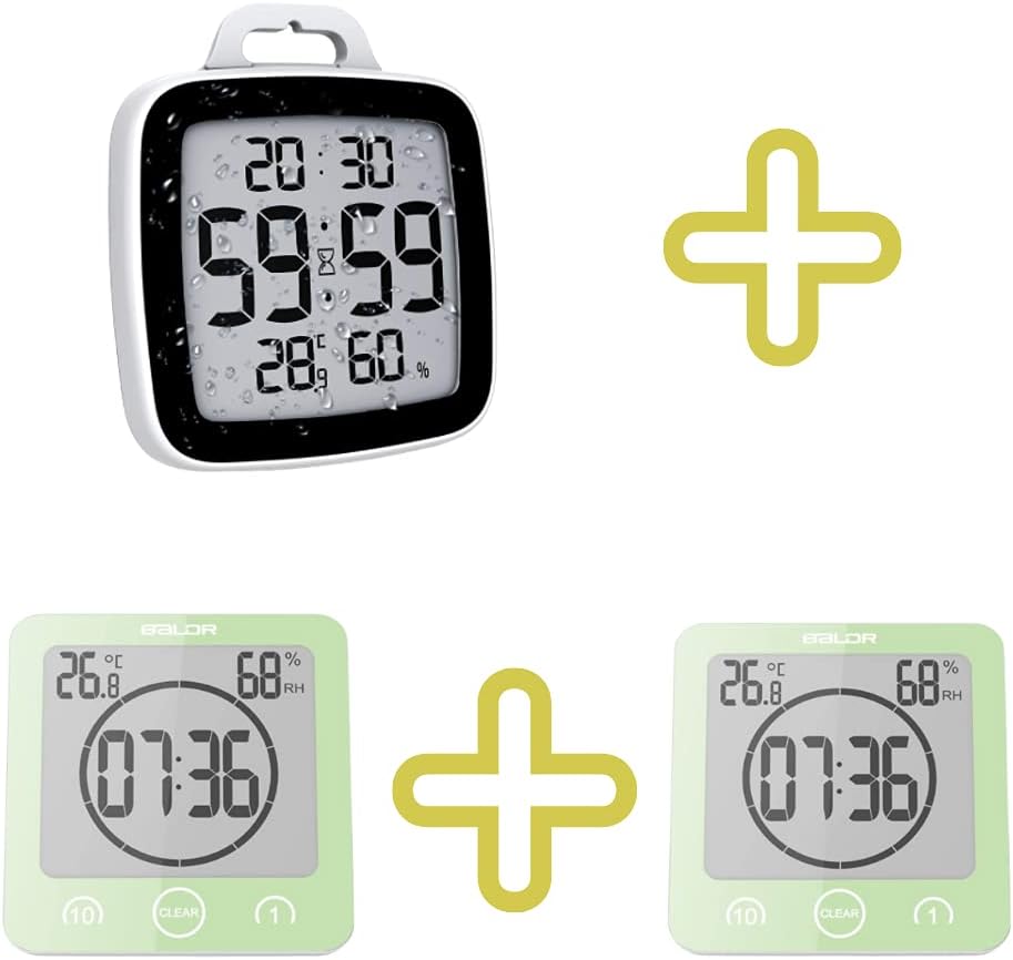 BALDR Digital Shower Clock with Timer | Waterproof Design, Perfect for The Bathroom - Displays Time, Temperature, and Humidity(Black) Bundle with 2 Bathroom LCD Waterproof Shower Clock, Green