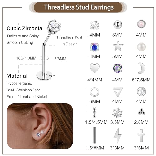 18Pairs 18G Surgical Steel Threadless Stud Earring for Women Men Push in Helix Cartilage Earrings Studs CZ Hypoallergenic Heart Moon Star Flat Back Earring 6/8mm2