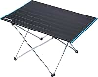 BASK Mesa Premium Dobrável Portátil de Alumínio (40,5 x 40 x 56 cm), Ultraleve 1,7 kg, Suporta 20 kg, Compacta com Bolsa de Transporte para Camping, Praia, Churrasco, Preta com Bordas Azuis