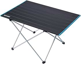 BASK Mesa Premium Dobrável Portátil de Alumínio (40,5 x 40 x 56 cm), Ultraleve 1,7 kg, Suporta 20 kg, Compacta com Bolsa de Transporte para Camping, Praia, Churrasco, Preta com Bordas Azuis