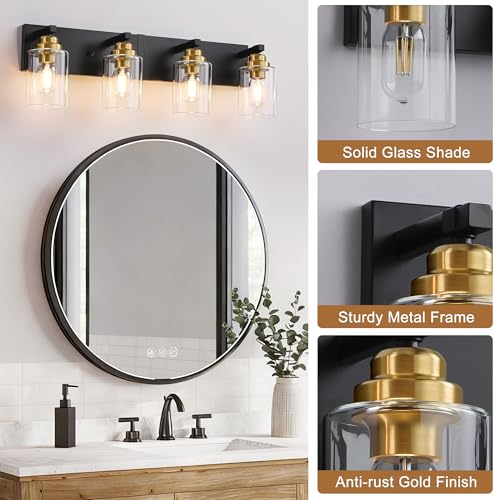 Image of Black and Gold Bathroom Light Fixture, 4 Light Brushed Gold Vanity Light, 27.5 inch Modern Farmhouse Bathroom Lighting Fixtures Over Mirror, with Clear Glass Shade, Vanity Lights for Bedroom Hallway