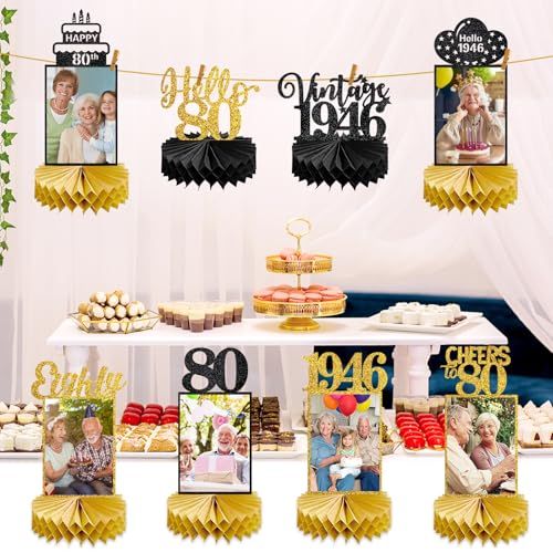 Image of Eucutur 8Pcs 80th Birthday Decorations Honeycomb Centerpieces for Women Men, Black Gold Vintage 1946 80th Bday Photo Table Centerpieces Party Supplies, Glitter Cheers to 80 Year Old Bday Table Topper