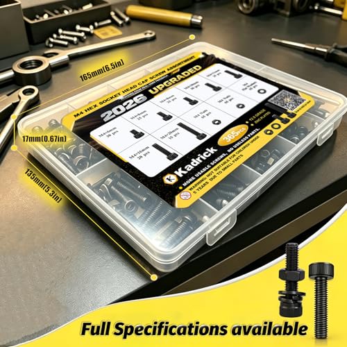 Image of Kadrick M4 Screws Kit 365PCS, Optimized Socket Head Cap Screws Assortment with Higher Screw Ratio, Class 12.9 Alloy Steel, Black Zinc Plated M4 Bolts for Mechanical, Repair & DIY Use