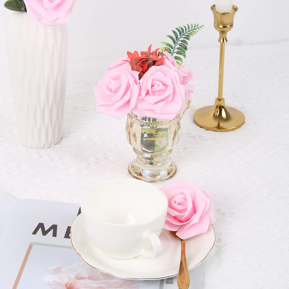 IPOPU 100 rose artificiali in schiuma, dall'aspetto realistico, rosa chiaro, per fai da te, matrimoni, baby shower, centrotavola, feste, decorazioni per la casa (rosa chiaro, senza stelo)