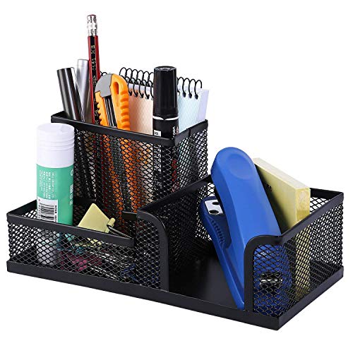 Image of 3 Compartment Multi Functional Metal Mesh Desk Organizer for Office Pen Pencil Stand Ruler Visiting Card Sticky Notes Holder,8 x 4 x 4 inch (Black)